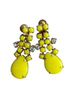 Vintage mid-century Continental yellow  glass rhinestone drop earrings screwback
